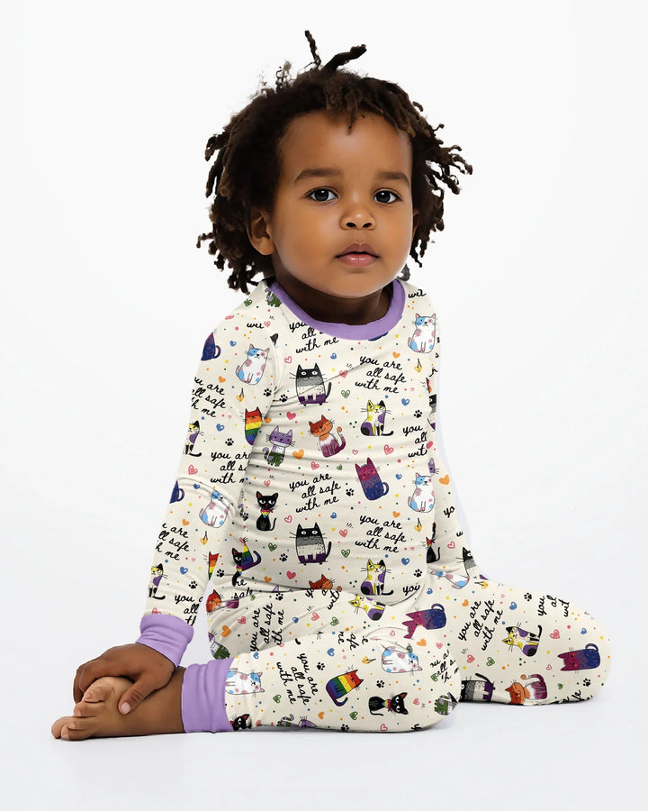 Loved & Safe Kitties Family Matching Bamboo Two Piece Long Sleeve Pajama Set