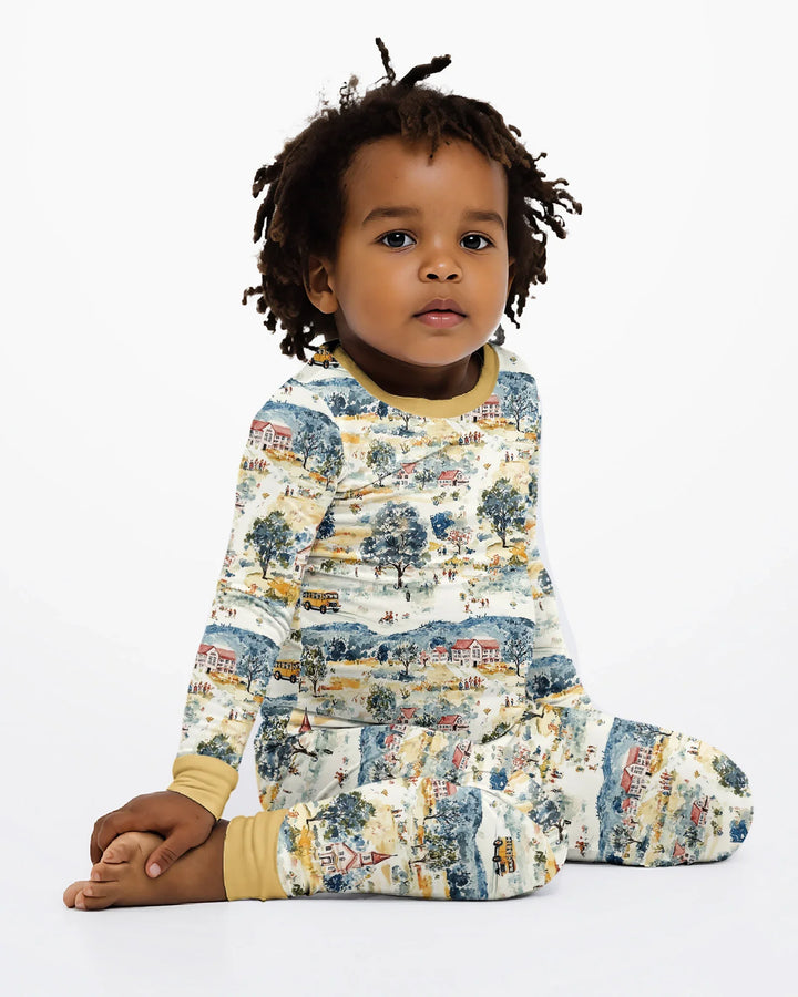 Whimsical Watercolor School Village Bamboo Two Piece Long Sleeve Pajama Set