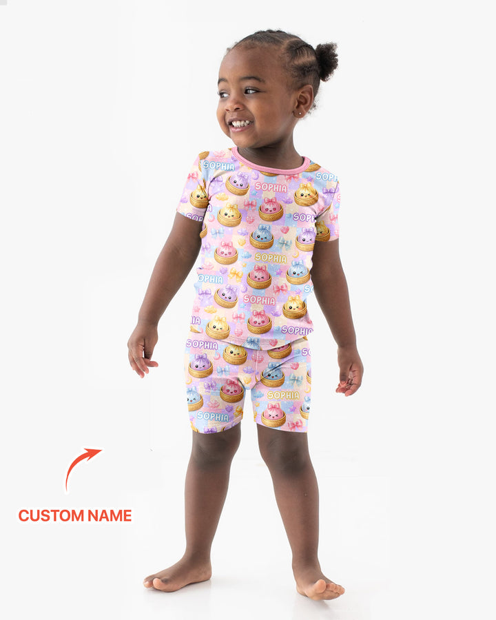 Custom Name Coquette Glitter Dumpling Bamboo Two Piece Short Sleeve Shorts Pajama Set