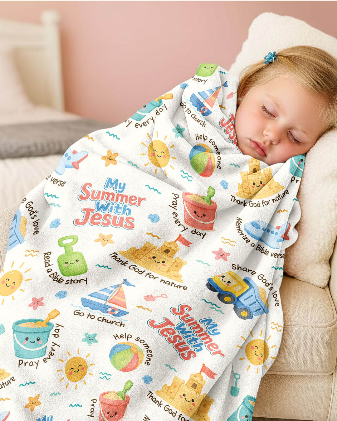 Colorful Summer Beach With Jesus Bamboo Blanket