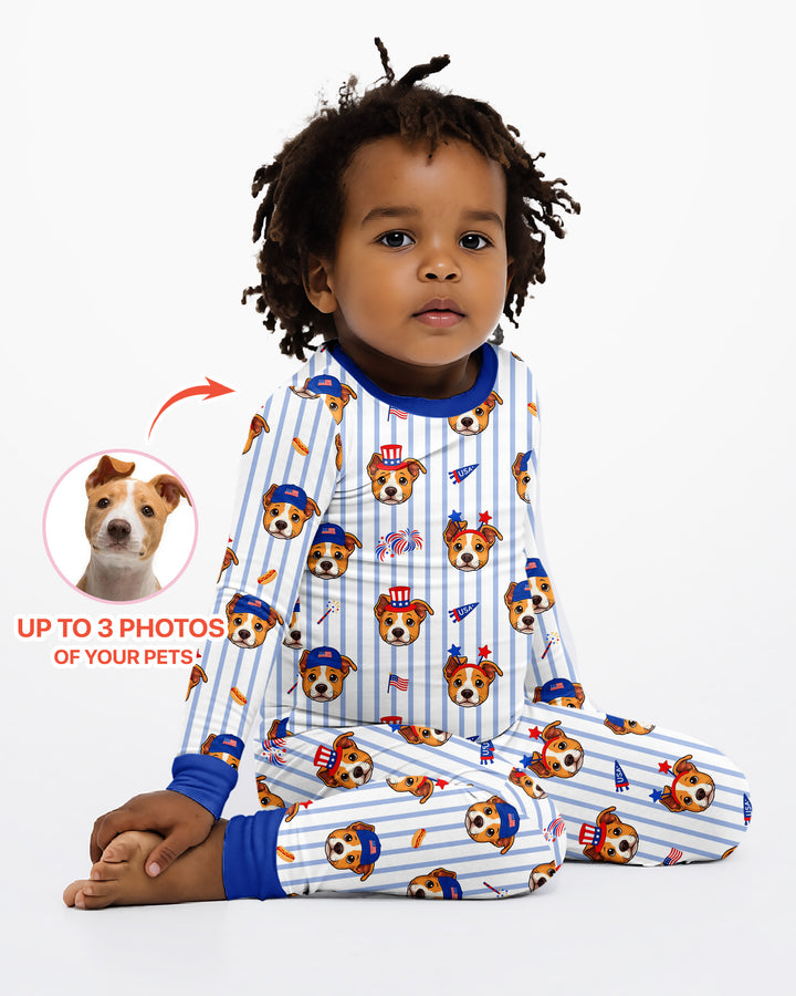 Custom Pet Image 4th of July Family Matching Bamboo Two Piece Long Sleeve Pajama Set