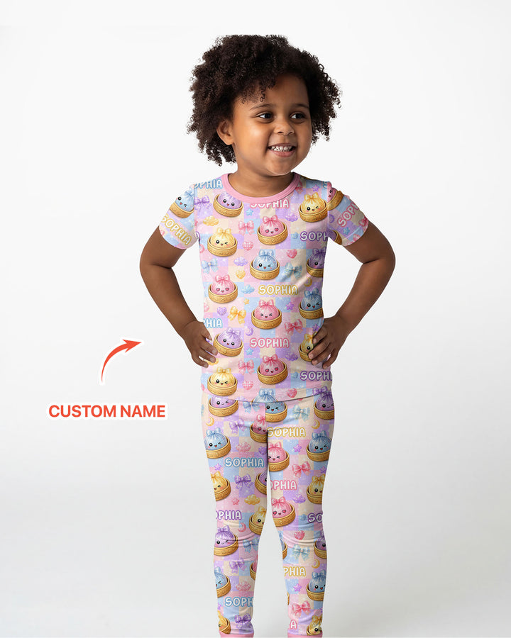 Custom Name Coquette Glitter Dumpling Bamboo Two Piece Short Sleeve Pajama Set