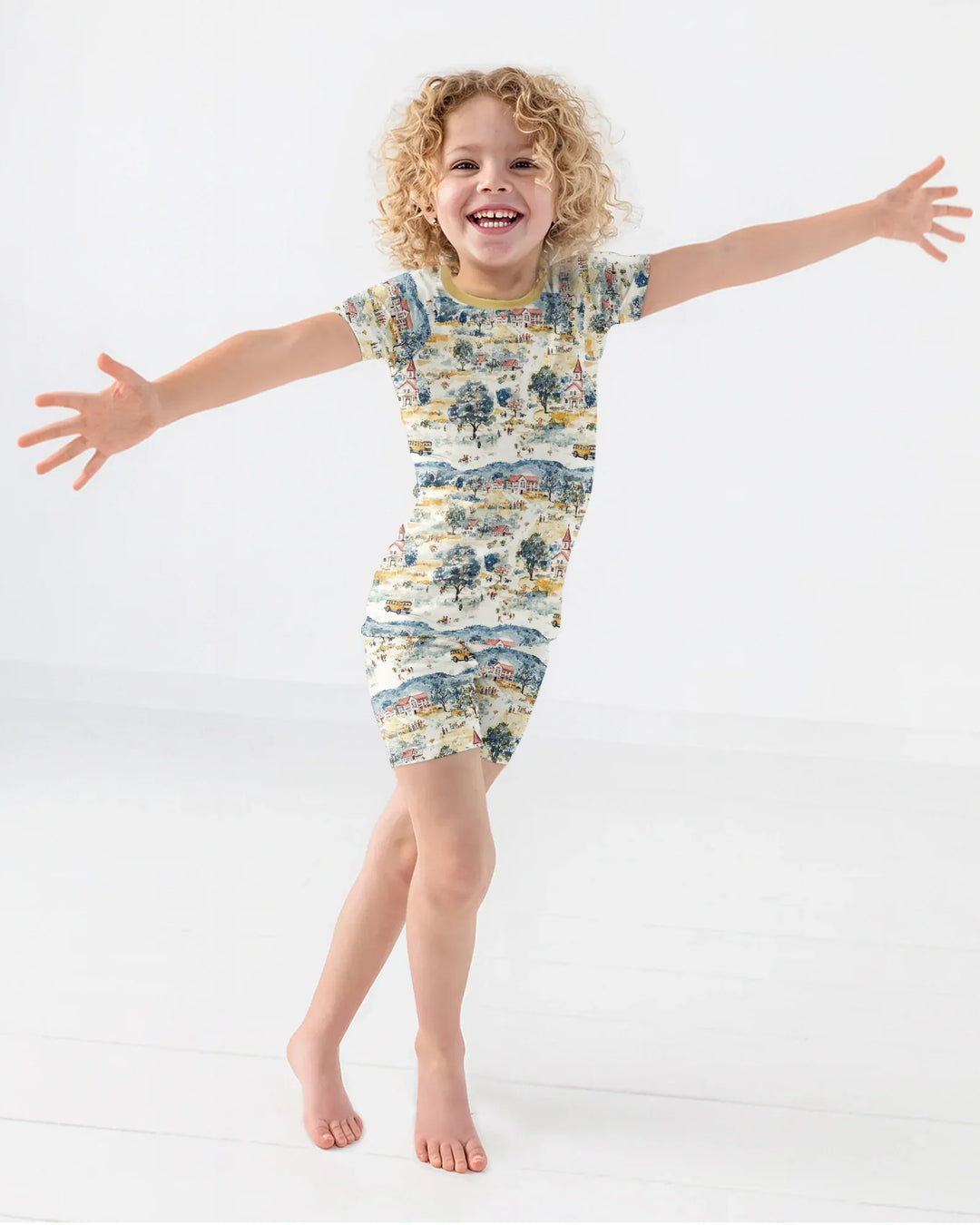 Whimsical Watercolor School Village Bamboo Two Piece Short Sleeve Shorts Pajama Set