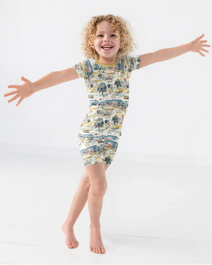 Whimsical Watercolor School Village Bamboo Two Piece Short Sleeve Shorts Pajama Set