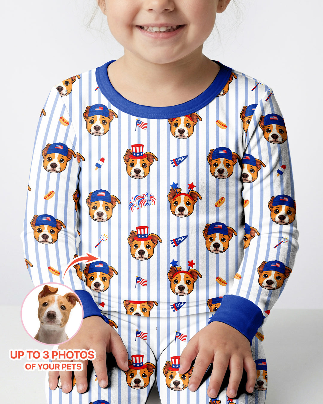 Custom Pet Image 4th of July Family Matching Bamboo Two Piece Long Sleeve Pajama Set