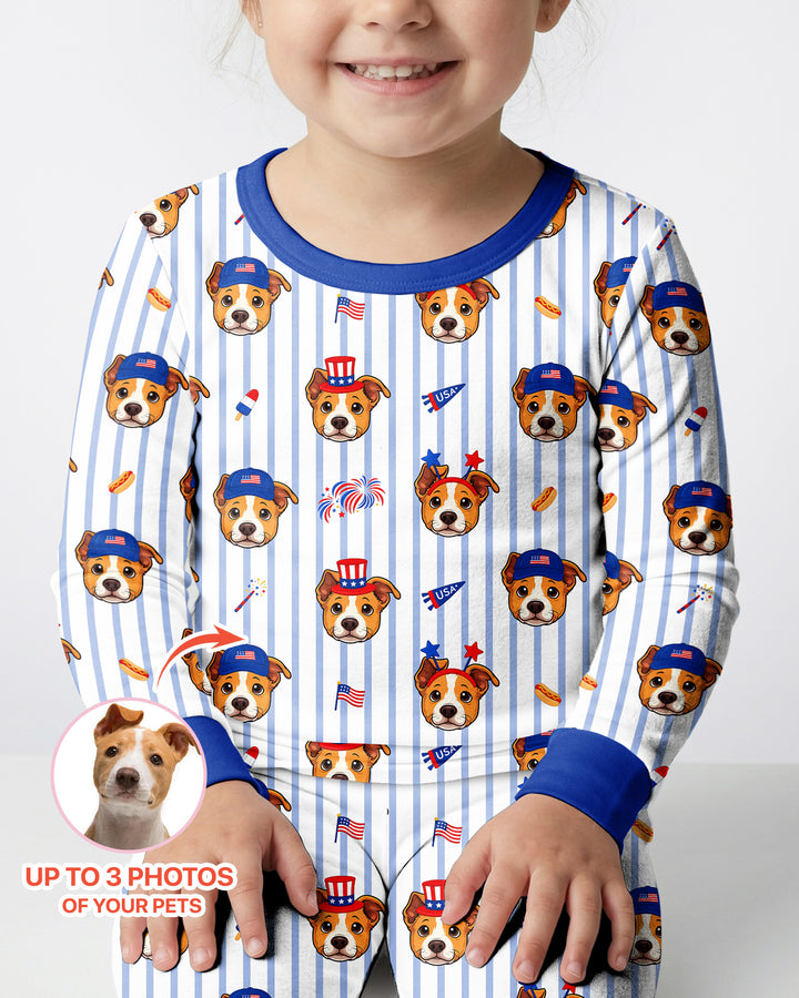 Custom Pet Image 4th of July Family Matching Bamboo Two Piece Long Sleeve Pajama Set