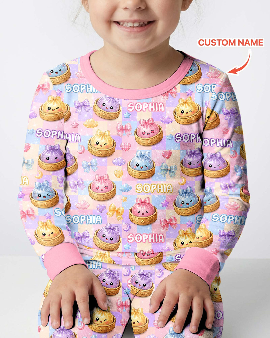 Custom Name Coquette Glitter Dumpling Bamboo Two Piece Long Sleeve Pajama Set