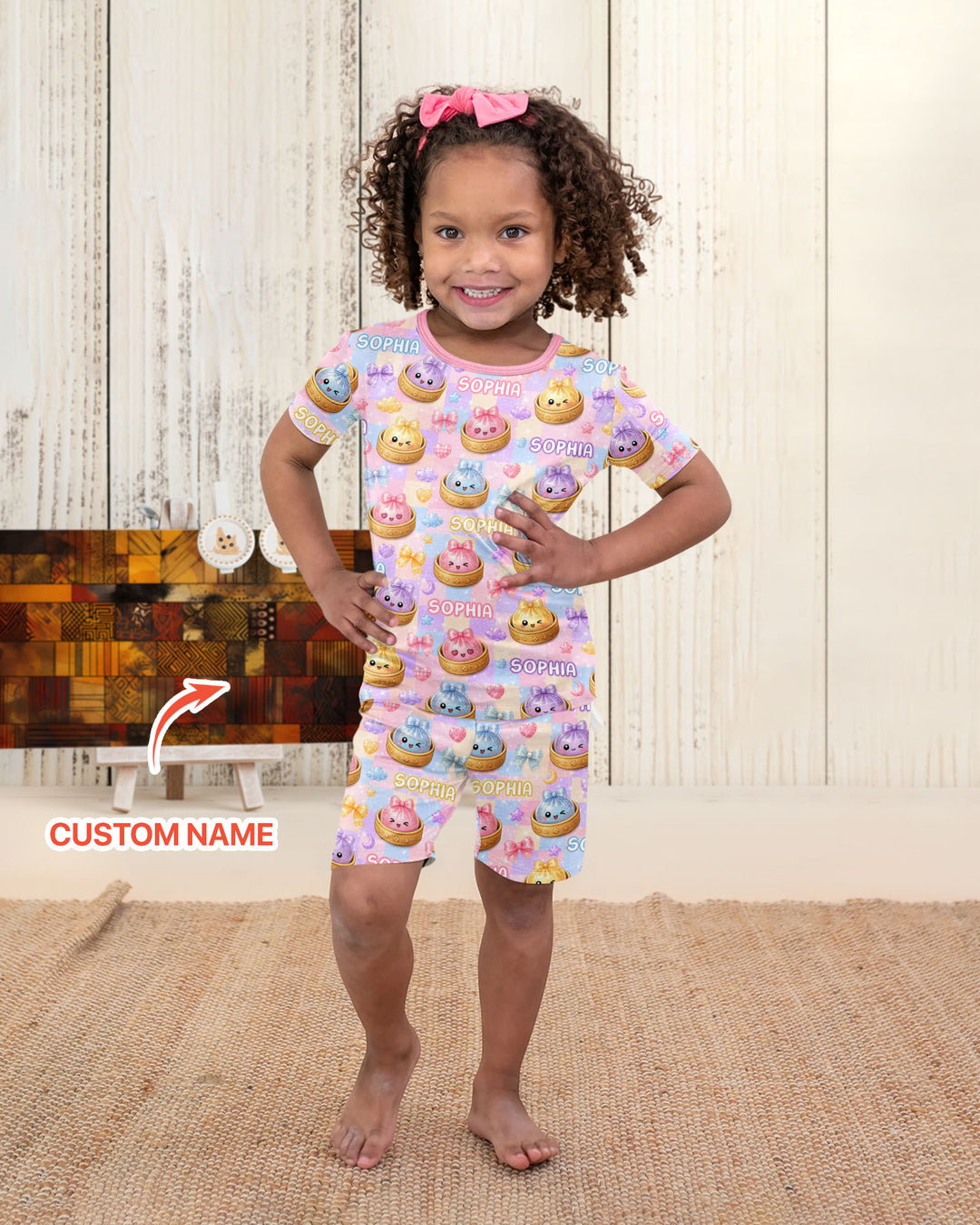 Custom Name Coquette Glitter Dumpling Bamboo Two Piece Short Sleeve Shorts Pajama Set