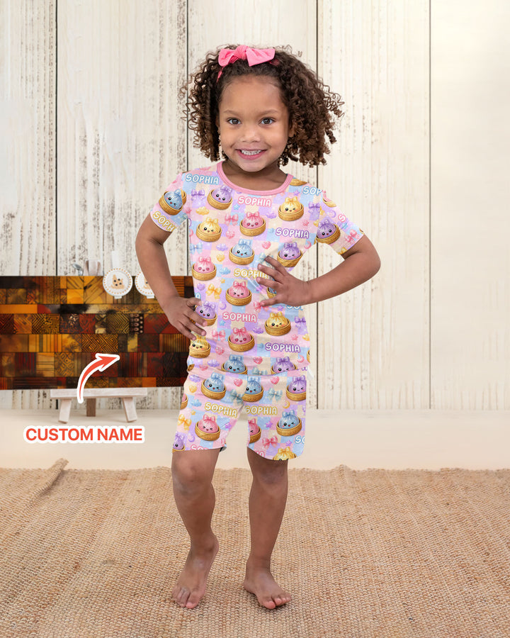 Custom Name Coquette Glitter Dumpling Bamboo Two Piece Short Sleeve Shorts Pajama Set