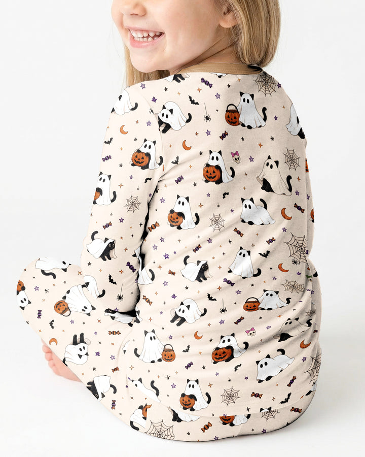 Ghost Cat Vintage Halloween Bamboo Two Piece Long Sleeve Pajama Set