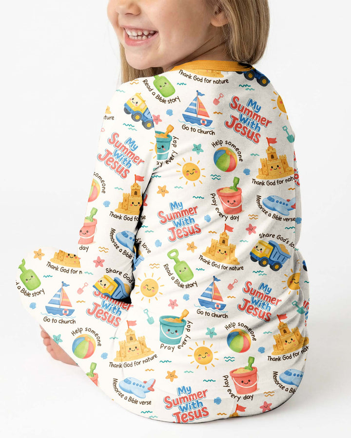 Colorful Summer Beach With Jesus Bamboo Two Piece Long Sleeve Pajama Set