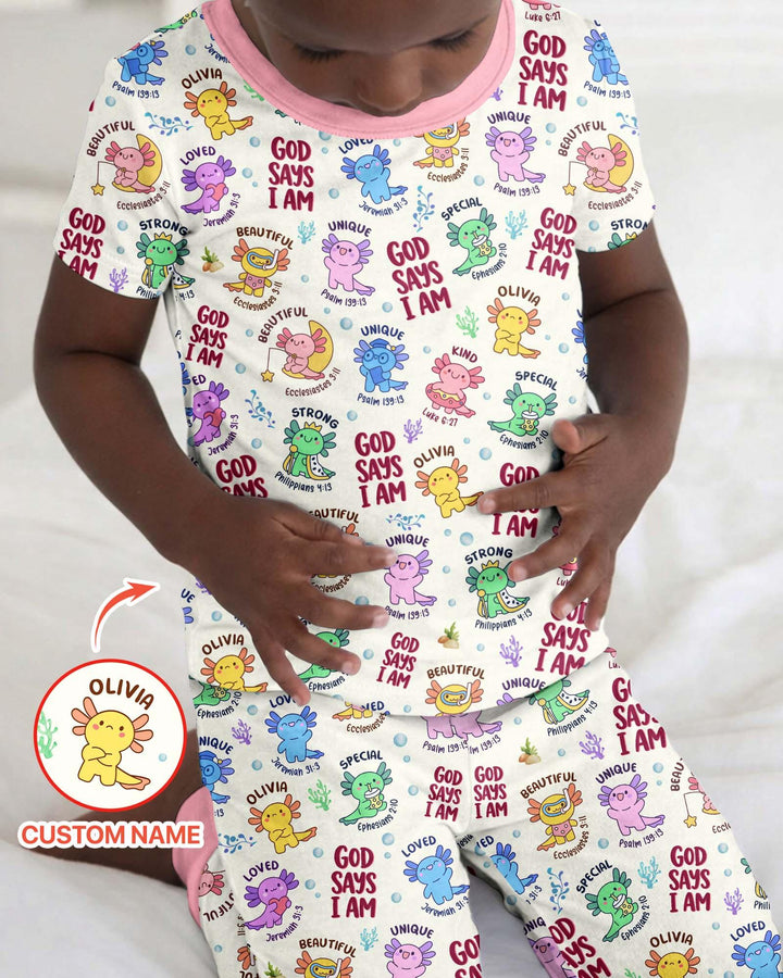 Axolotl God Says I Am Custom Name Bamboo Two Piece Short Sleeve Pajama Set