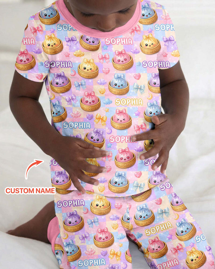 Custom Name Coquette Glitter Dumpling Bamboo Two Piece Short Sleeve Pajama Set