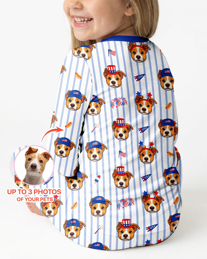 Custom Pet Image 4th of July Family Matching Bamboo Two Piece Long Sleeve Pajama Set