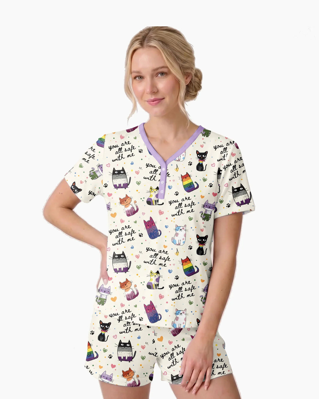 Loved & Safe Kitties Family Matching Bamboo Women Short Sleeve Short Pajama Set