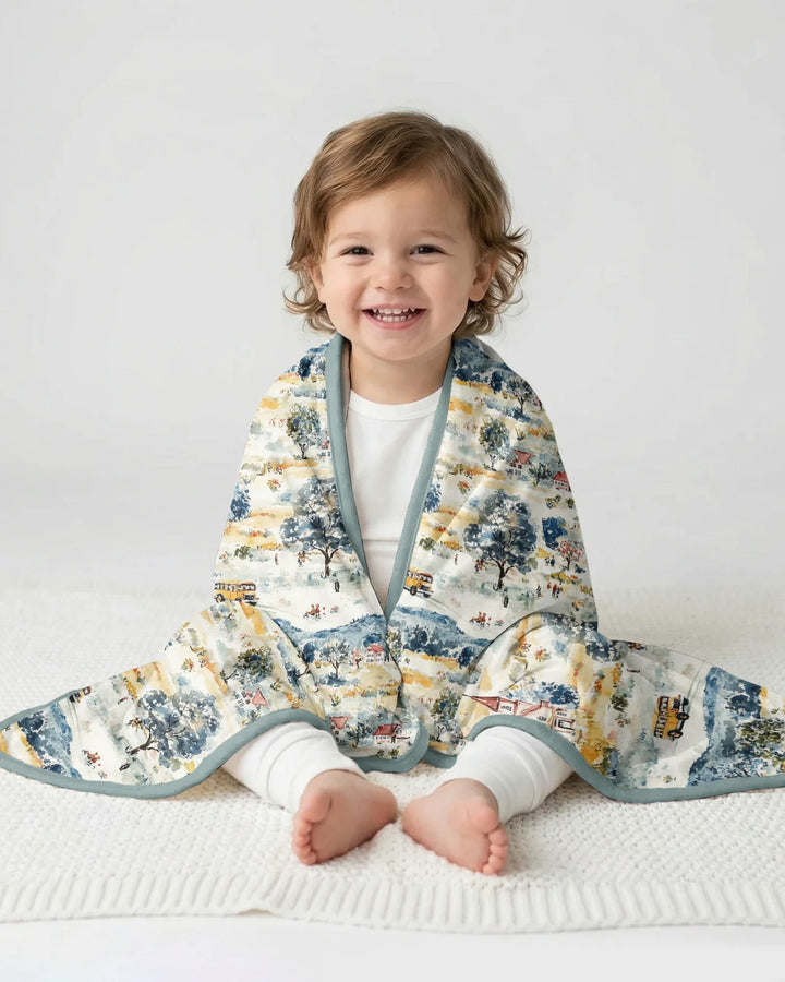 Whimsical Watercolor School Village Bamboo Blanket