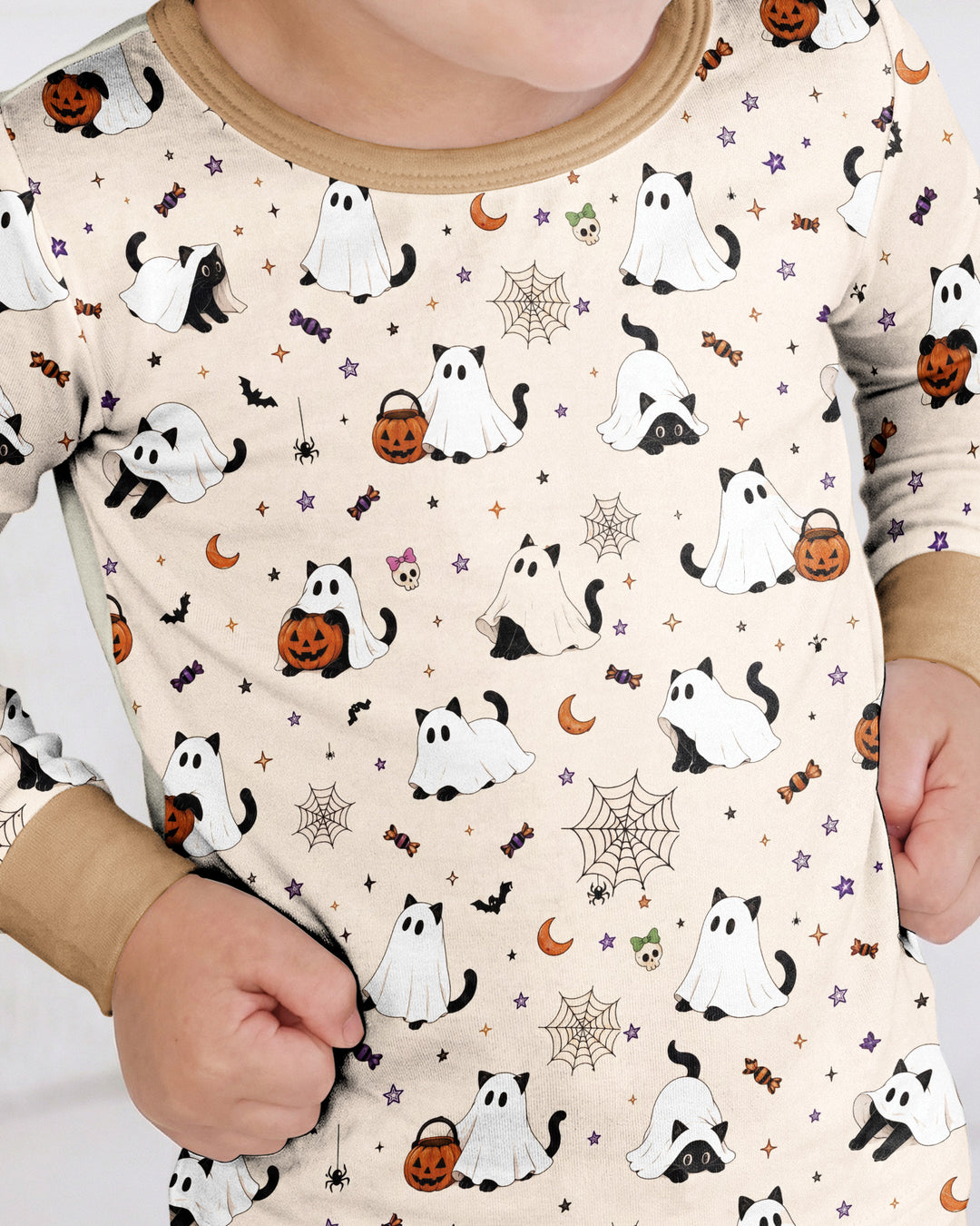 Ghost Cat Vintage Halloween Bamboo Two Piece Long Sleeve Pajama Set