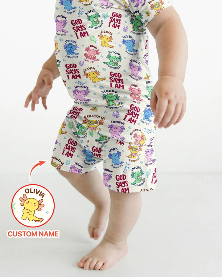 Axolotl God Says I Am Custom Name Bamboo Two Piece Short Sleeve Shorts Pajama Set