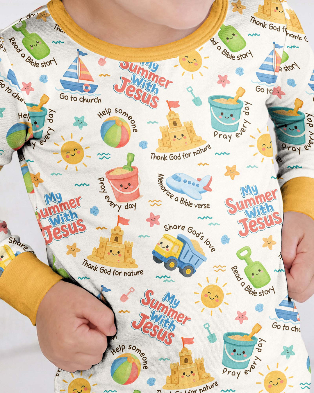 Colorful Summer Beach With Jesus Bamboo Two Piece Long Sleeve Pajama Set