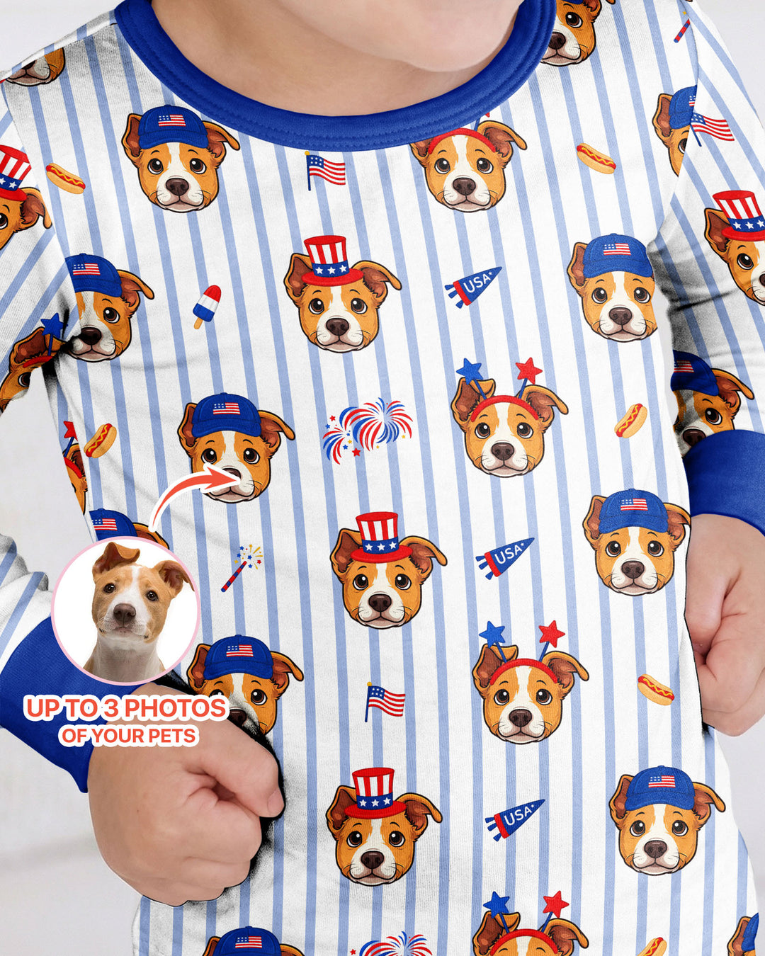 Custom Pet Image 4th of July Family Matching Bamboo Two Piece Long Sleeve Pajama Set