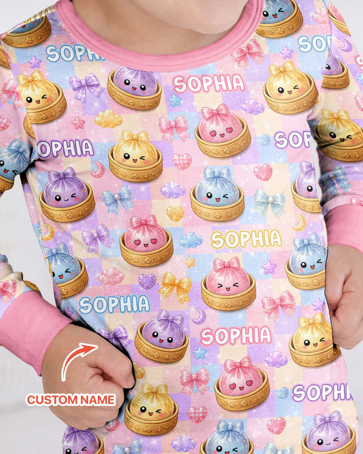Custom Name Coquette Glitter Dumpling Bamboo Two Piece Long Sleeve Pajama Set
