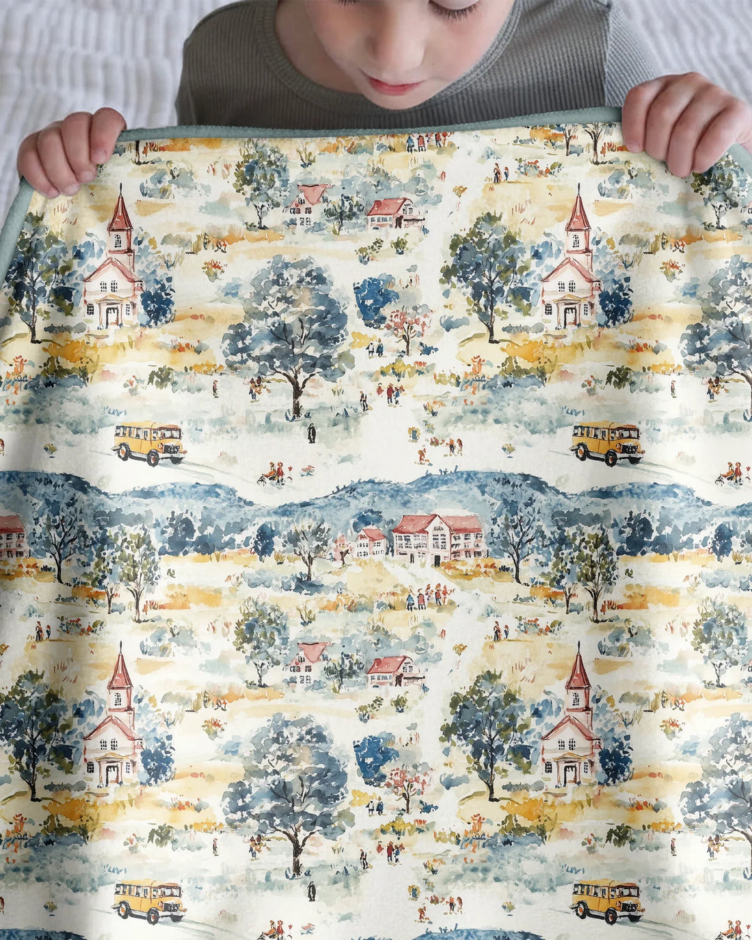 Whimsical Watercolor School Village Bamboo Blanket