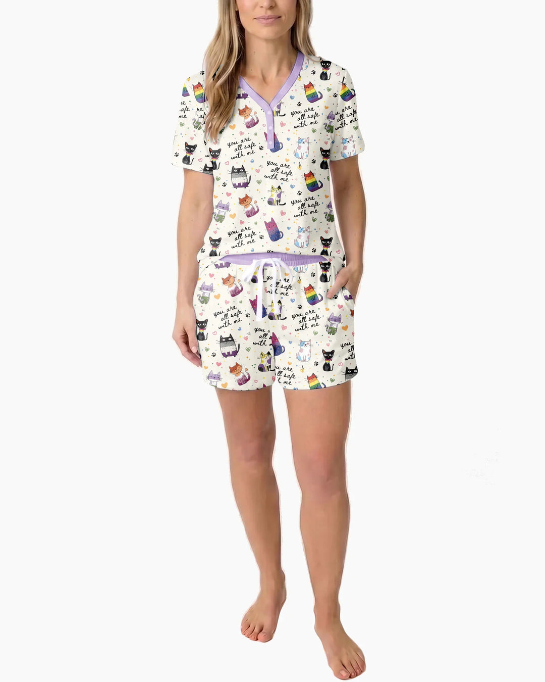 Loved & Safe Kitties Family Matching Bamboo Women Short Sleeve Short Pajama Set