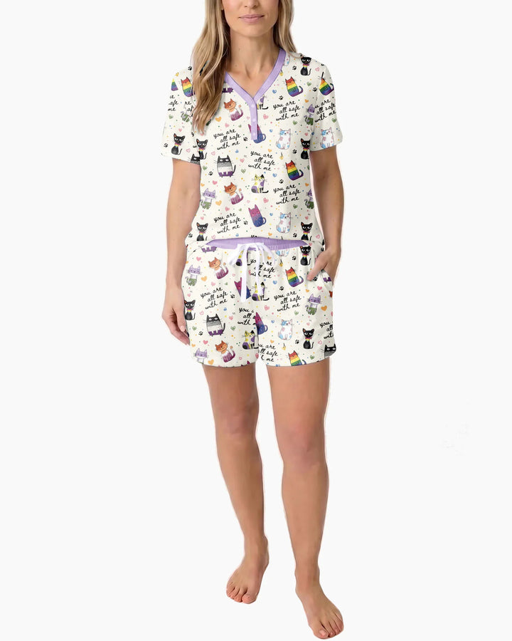 Loved & Safe Kitties Family Matching Bamboo Women Short Sleeve Short Pajama Set