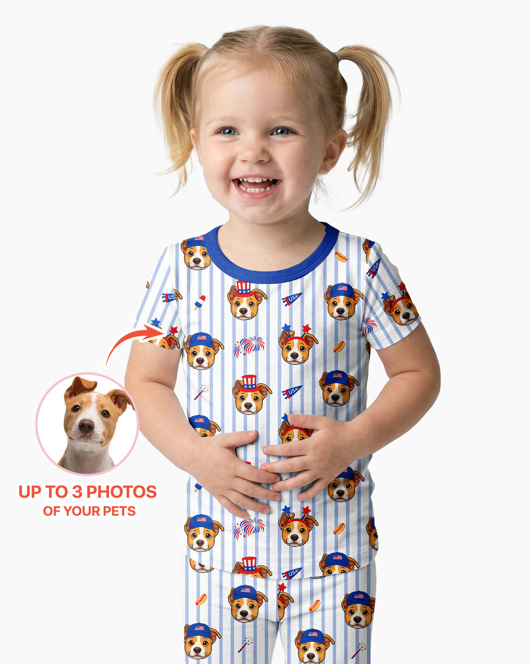 Custom Pet Image 4th of July Family Matching Bamboo Two Piece Short Sleeve Pajama Set