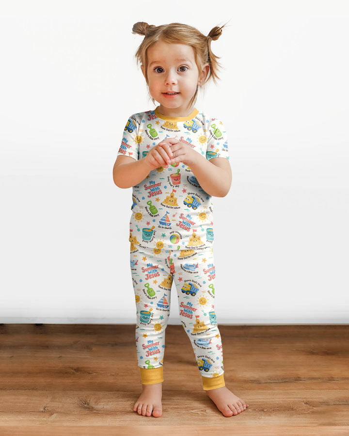 Colorful Summer Beach With Jesus Bamboo Two Piece Short Sleeve Pajama Set