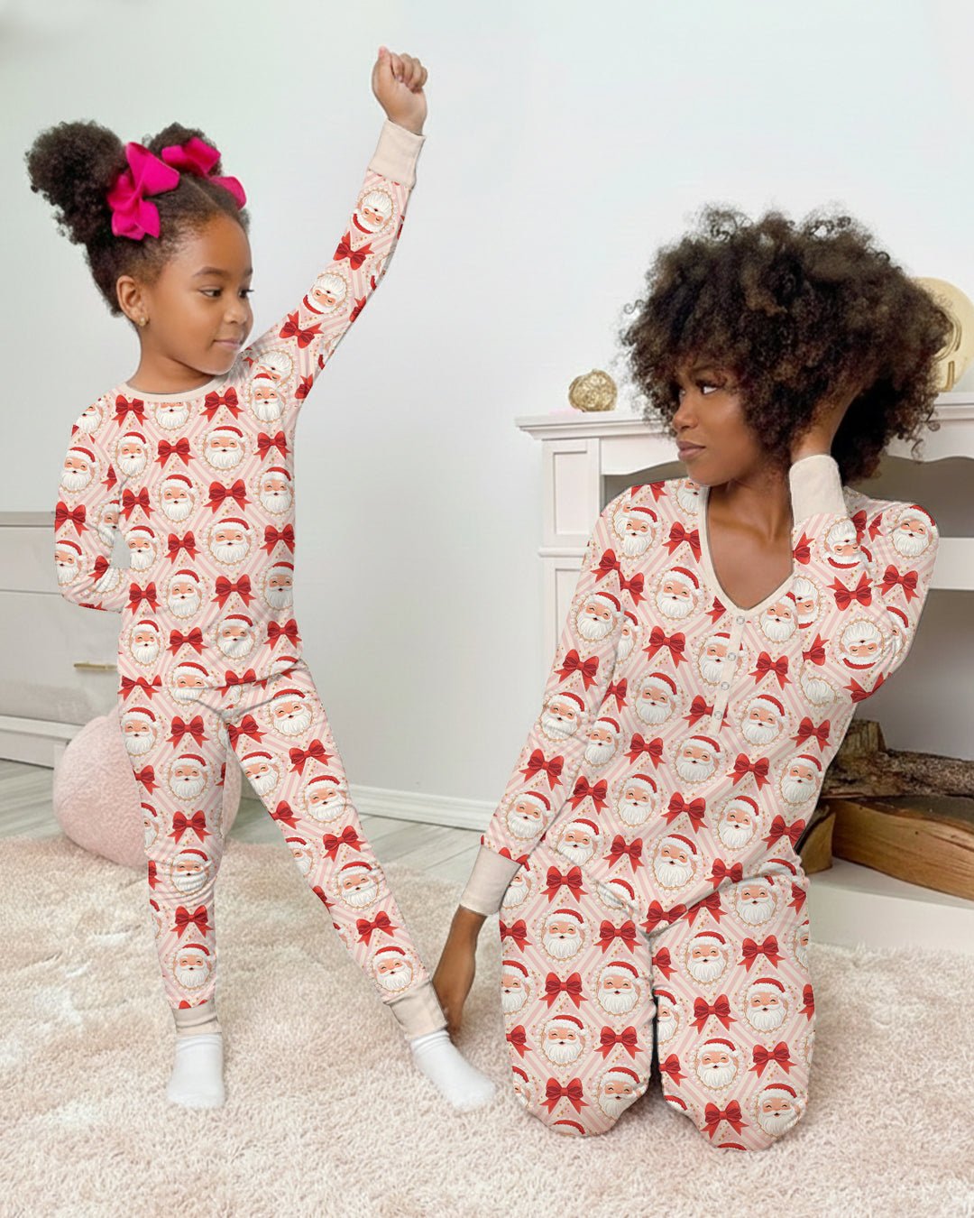 Preppy Coquette Santa Mommy And Me Matching Bamboo Two Piece Long Sleeve Pajama Set