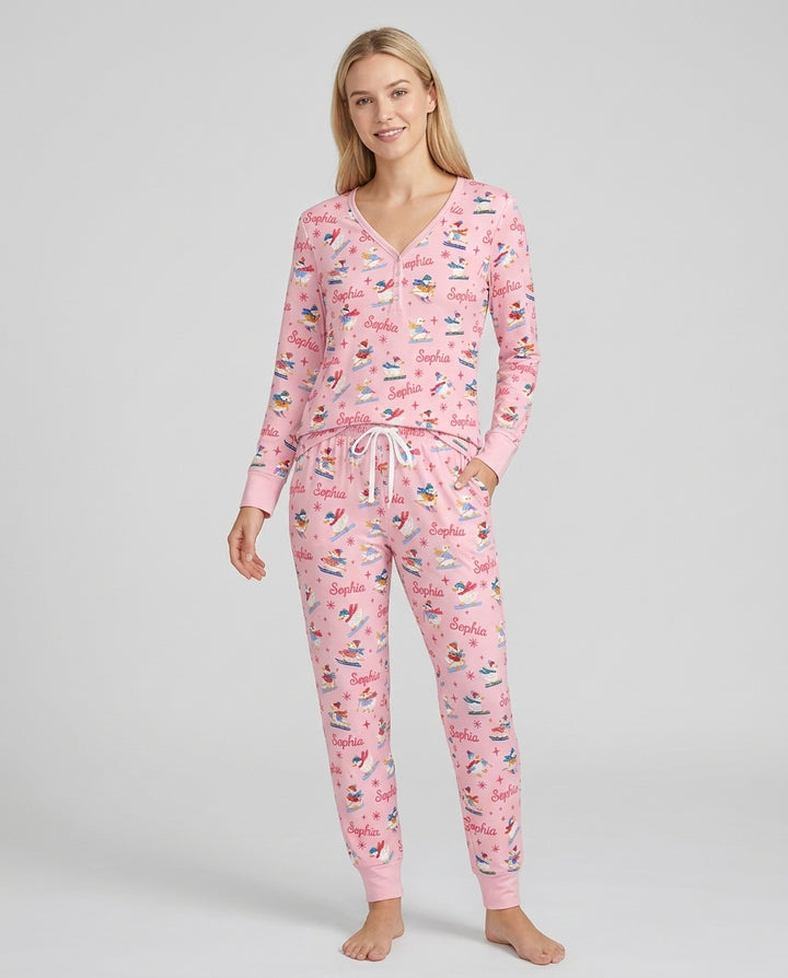 Custom Name Skiing Goose Bamboo Women Pajama Set