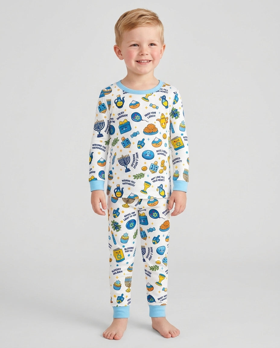 Kawaii Menorah Holiday Bamboo Two Piece Long Sleeve Pajama Set