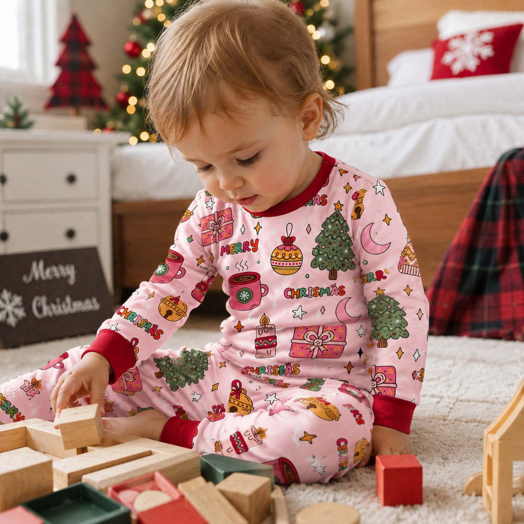 Merry Pink Christmas Bamboo Two Piece Long Sleeve Pajama Set