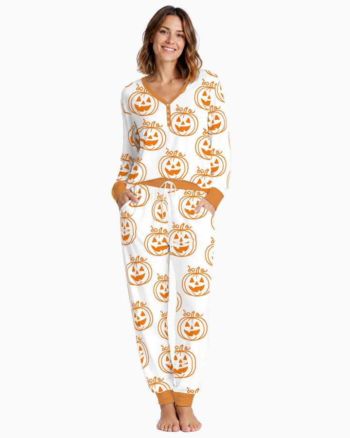 Minimal Pumpkin Faces Bamboo Women Pajama Set