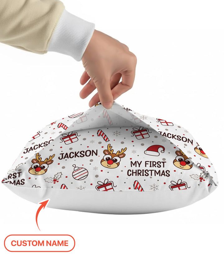Custom Name Reindeer Doodle My First Christmas Bamboo Pillow Case
