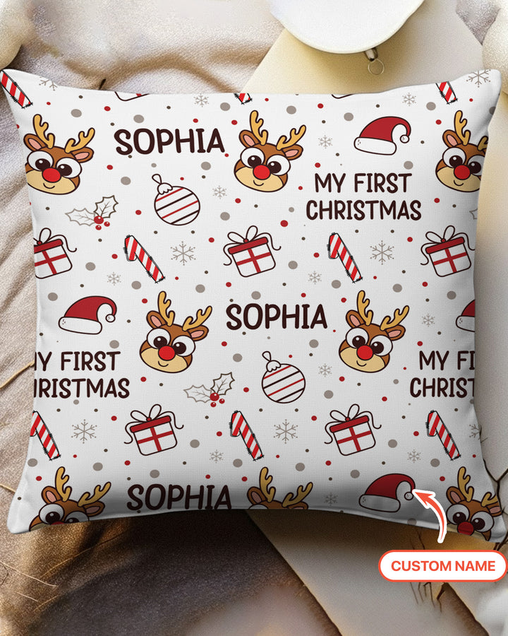 Custom Name Reindeer Doodle My First Christmas Bamboo Pillow Case