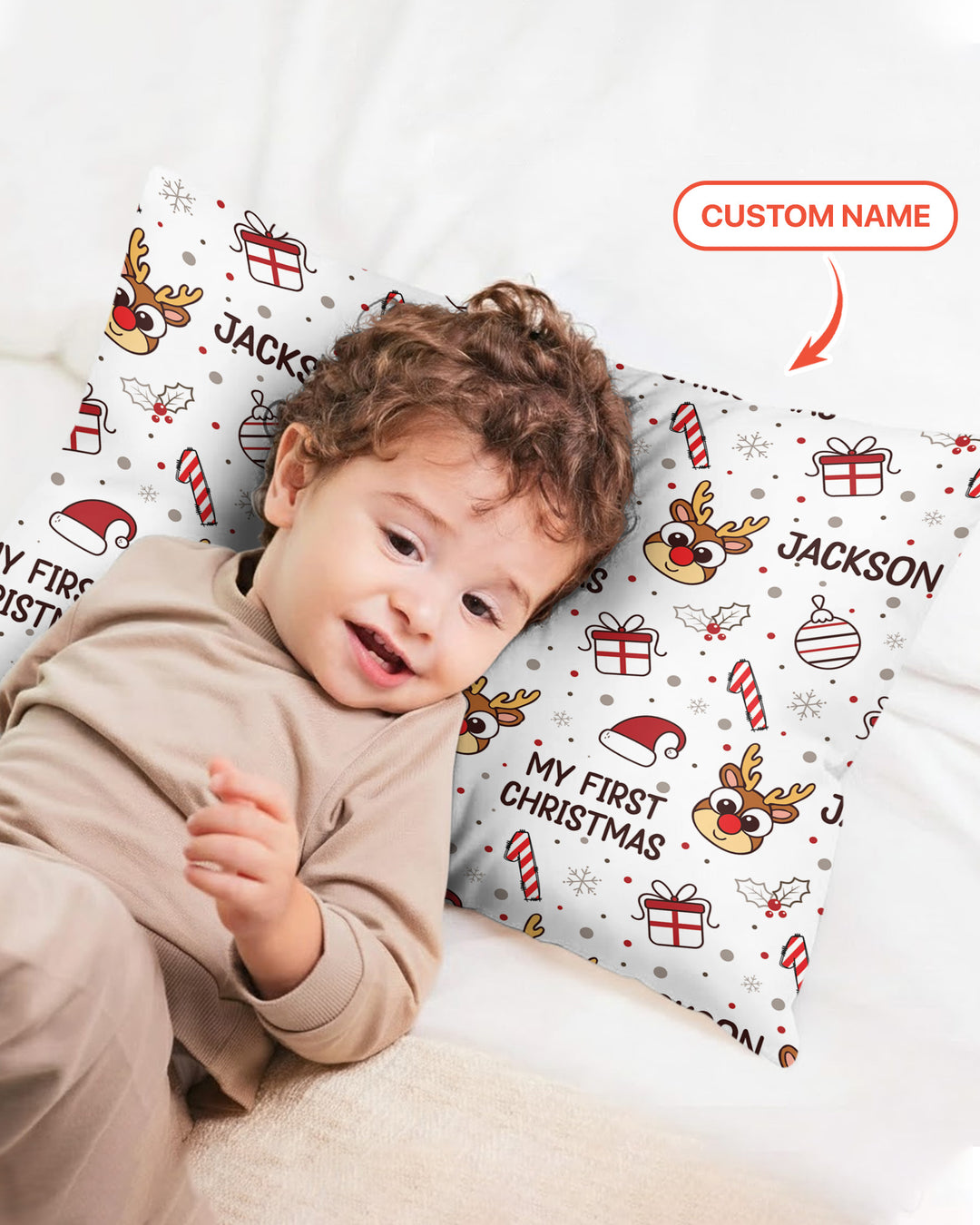 Custom Name Reindeer Doodle My First Christmas Bamboo Pillow Case
