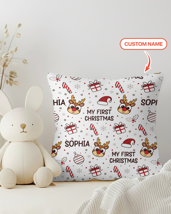 Custom Name Reindeer Doodle My First Christmas Bamboo Pillow Case