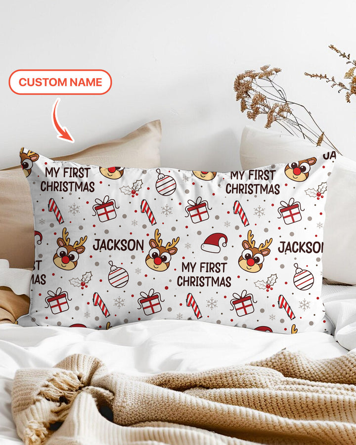 Custom Name Reindeer Doodle My First Christmas Bamboo Pillow Case
