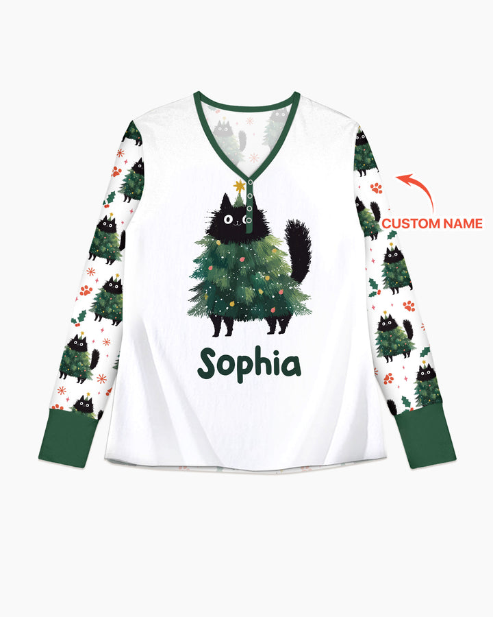 Custom Name Black Cat Christmas Bamboo Women Pajama Set