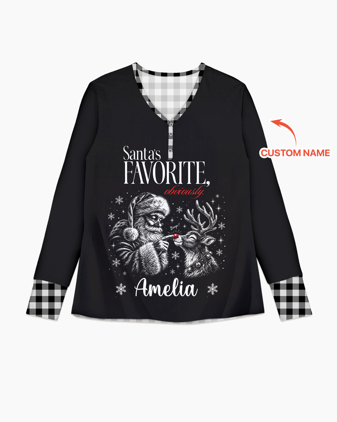 Custom Name Santa's Favorite Buffalo Plaid Bamboo Women Pajama Set