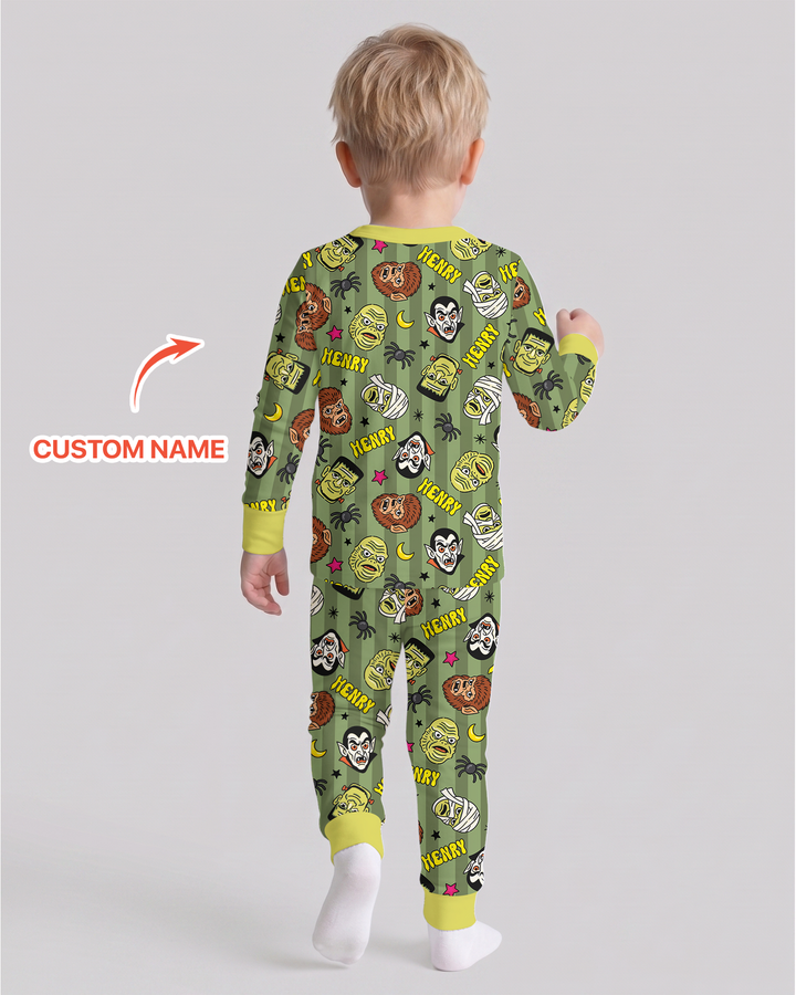 Custom Name Spooky Monsters Bamboo Two Piece Long Sleeve Pajama Set