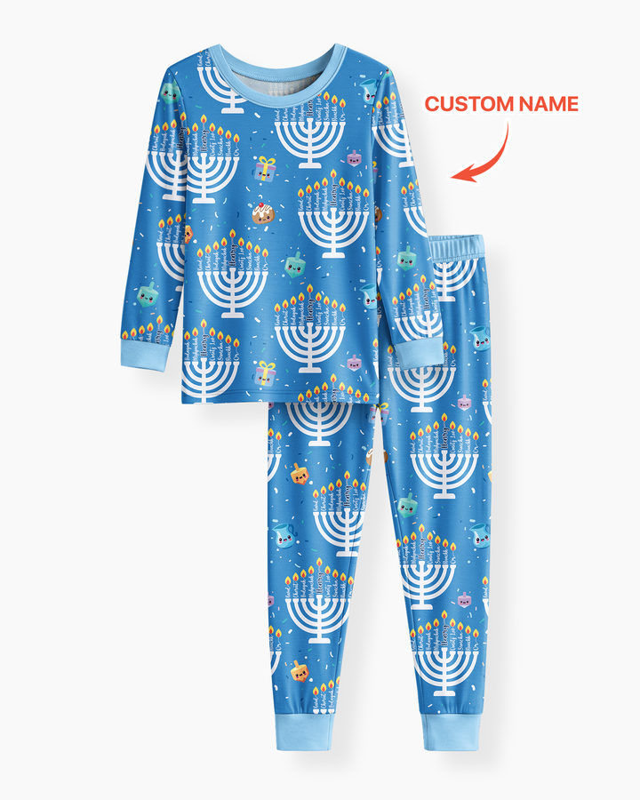 Custom Name Hannukkah Menorah Family Matching Bamboo Two Piece Long Sleeve Pajama Set