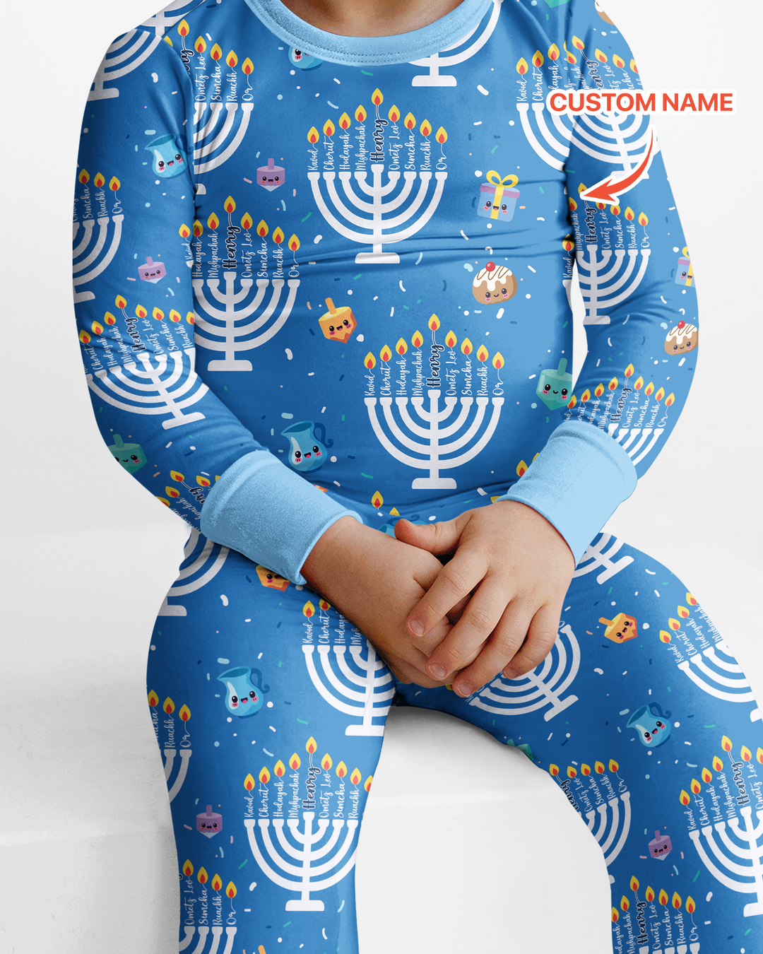 Custom Name Hannukkah Menorah Family Matching Bamboo Two Piece Long Sleeve Pajama Set