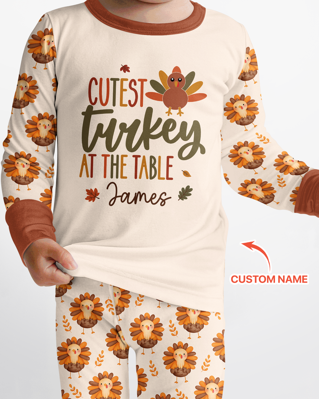 Custom Name Cutest Turkey At The Table Bamboo Two Piece Long Sleeve Pajama Set