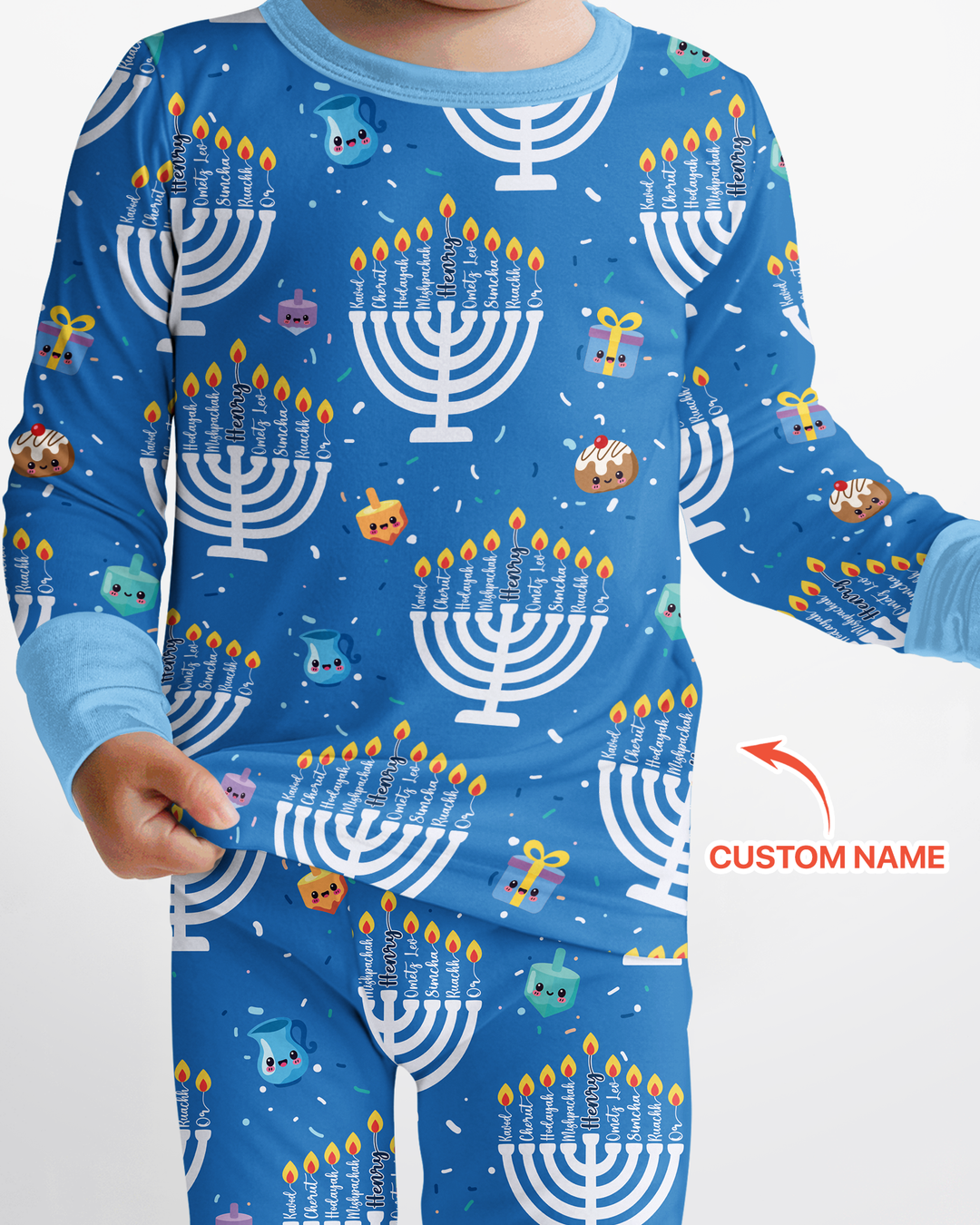 Custom Name Hannukkah Menorah Family Matching Bamboo Two Piece Long Sleeve Pajama Set
