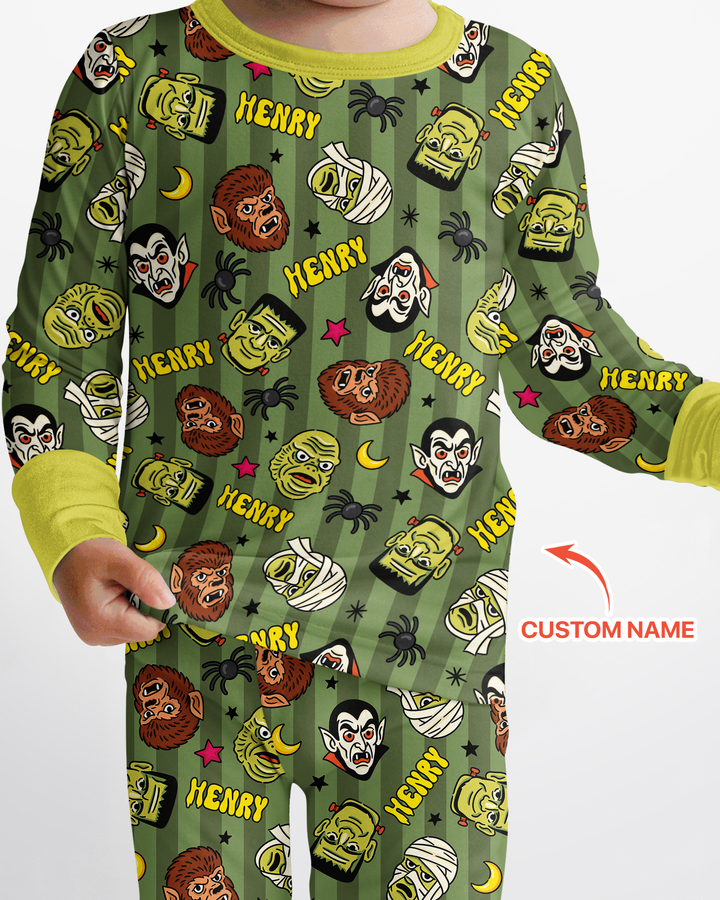Custom Name Spooky Monsters Bamboo Two Piece Long Sleeve Pajama Set