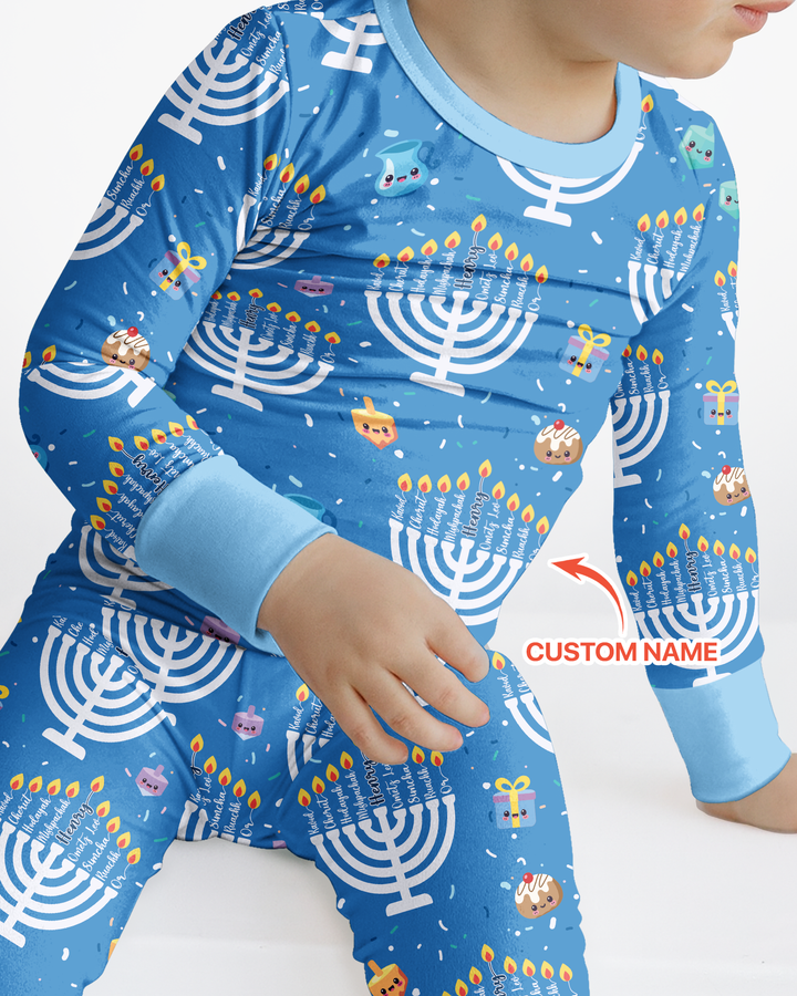 Custom Name Hannukkah Menorah Family Matching Bamboo Two Piece Long Sleeve Pajama Set