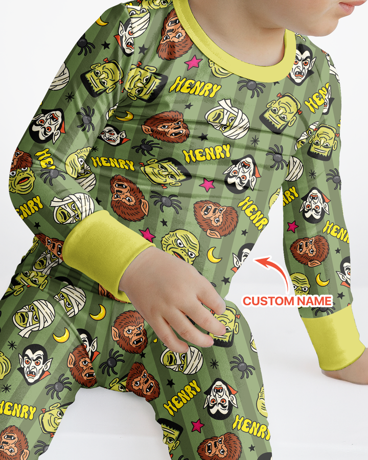 Custom Name Spooky Monsters Bamboo Two Piece Long Sleeve Pajama Set